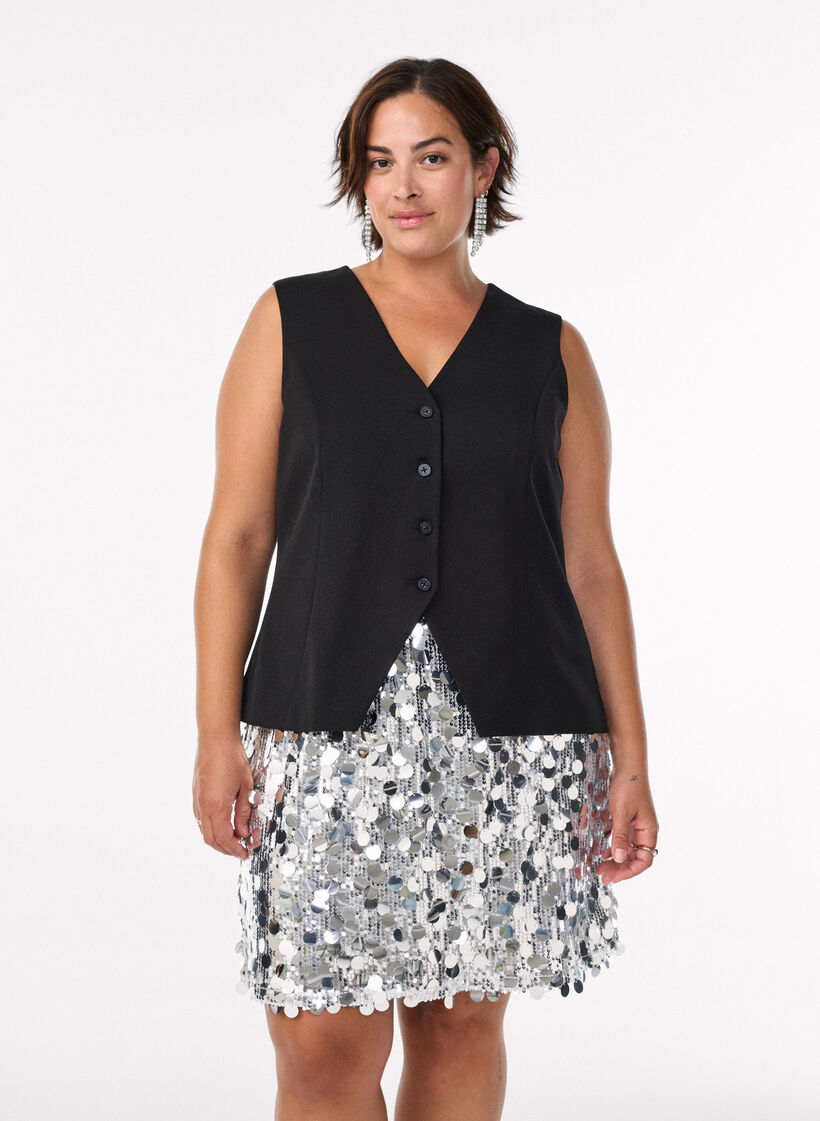 Korte paillettenrok met elastische tailleband, Zilver, Model image number 0