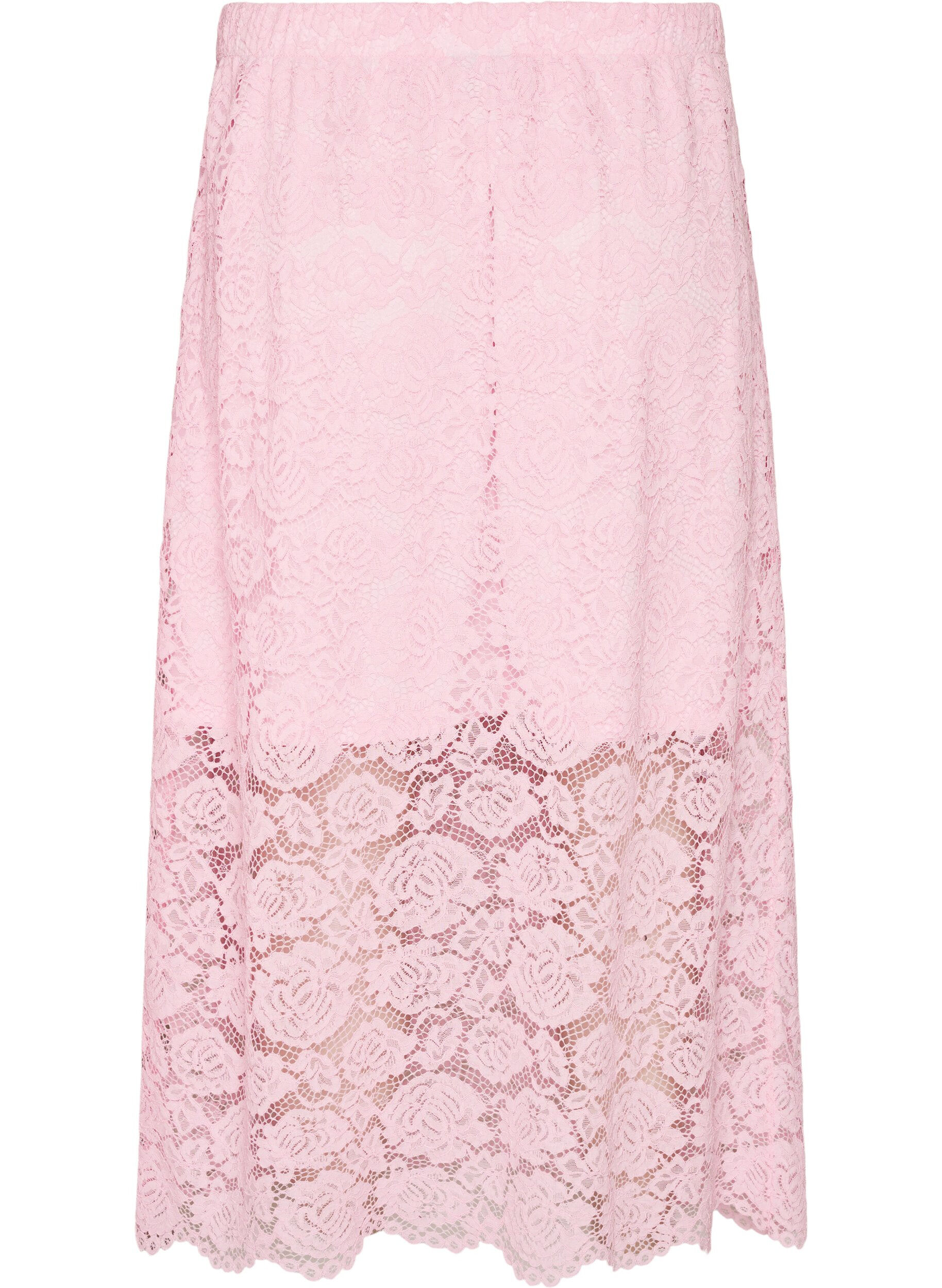 ZizziKanten midirok met een elastische tailleband, Roze, Packshot image number 1