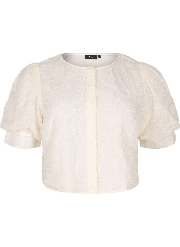 Feestelijke blouse met pailletten en halflange mouwen, Vanille, Packshot image number 0