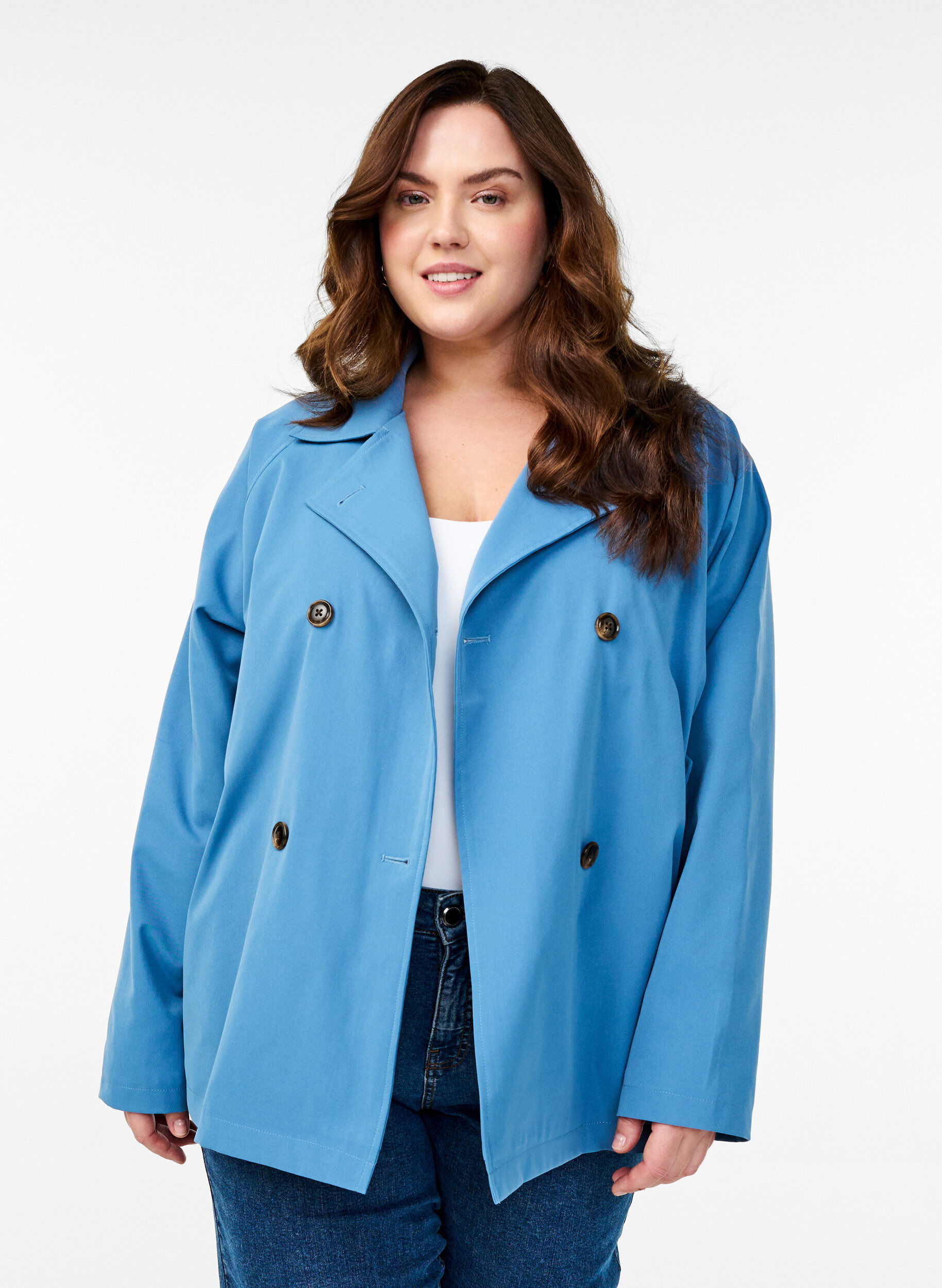 Korte trenchcoat met zakken, Blauw, Model