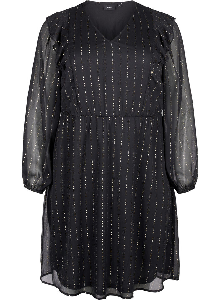 Jurk van chiffon met patroon en ruches, Black, Packshot image number 0