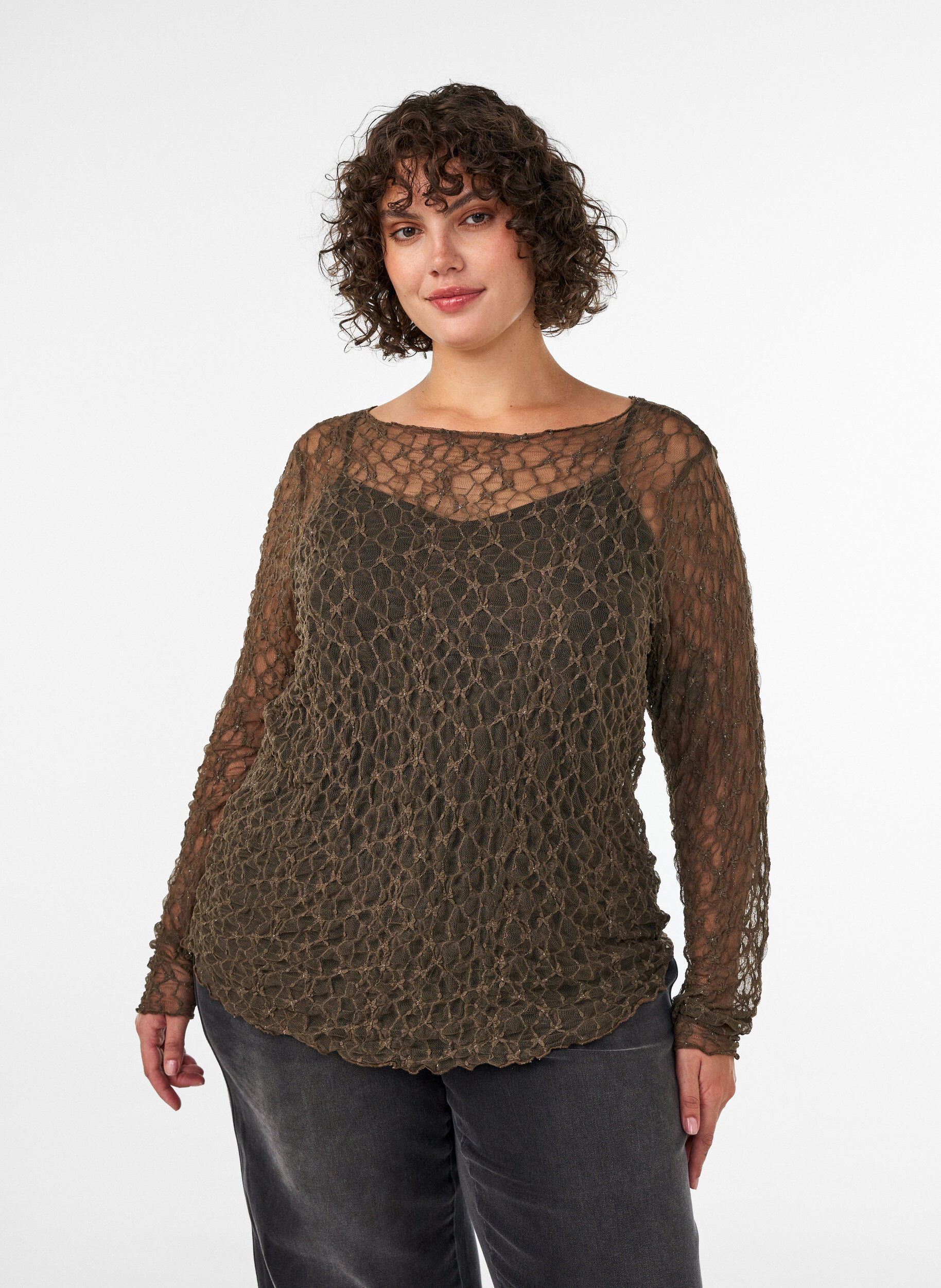 Mesh blouse met patroon en glittergaren, Bruin, Model