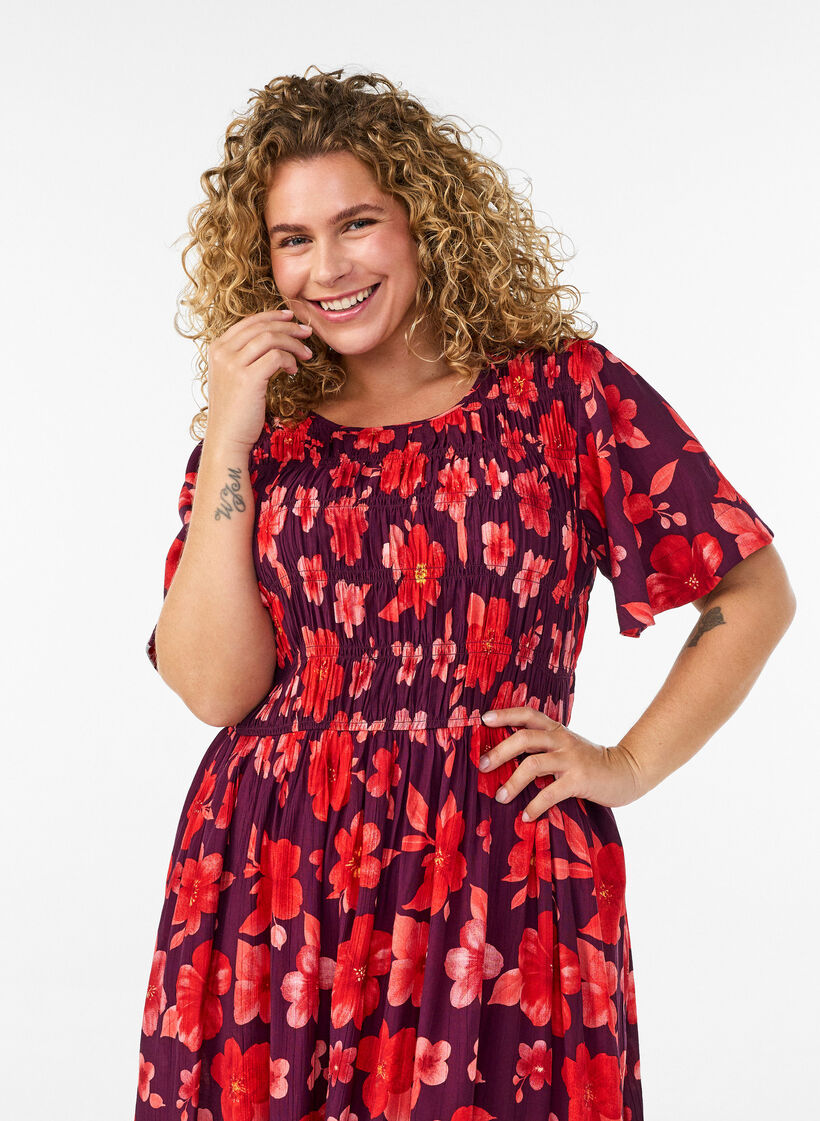 Jurk met smokwerk en bloemenprint, Paars, Model