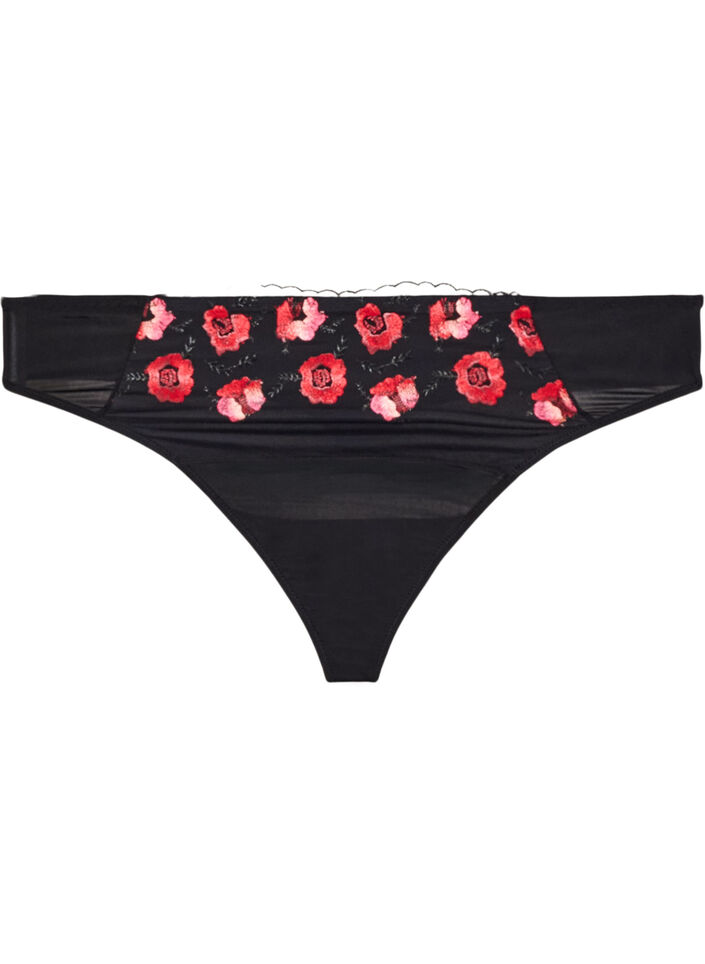 Microvezel string met geborduurde bloemen, Zwart, Packshot image number 0