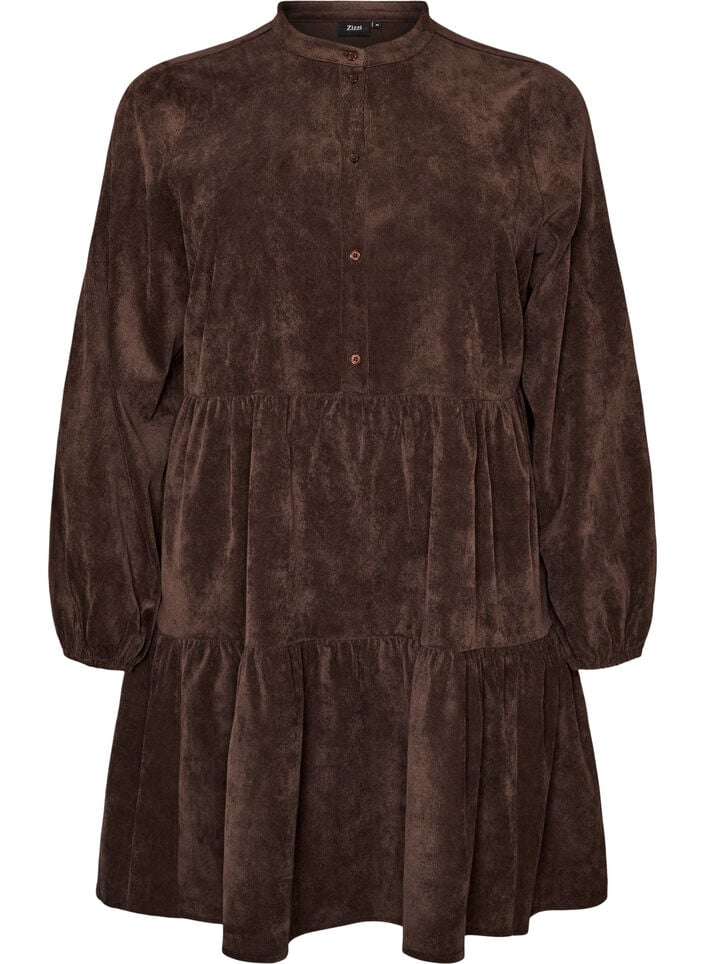 Corduroy jurk met A-lijn en opstaande kraag, Bruin, Packshot image number 0