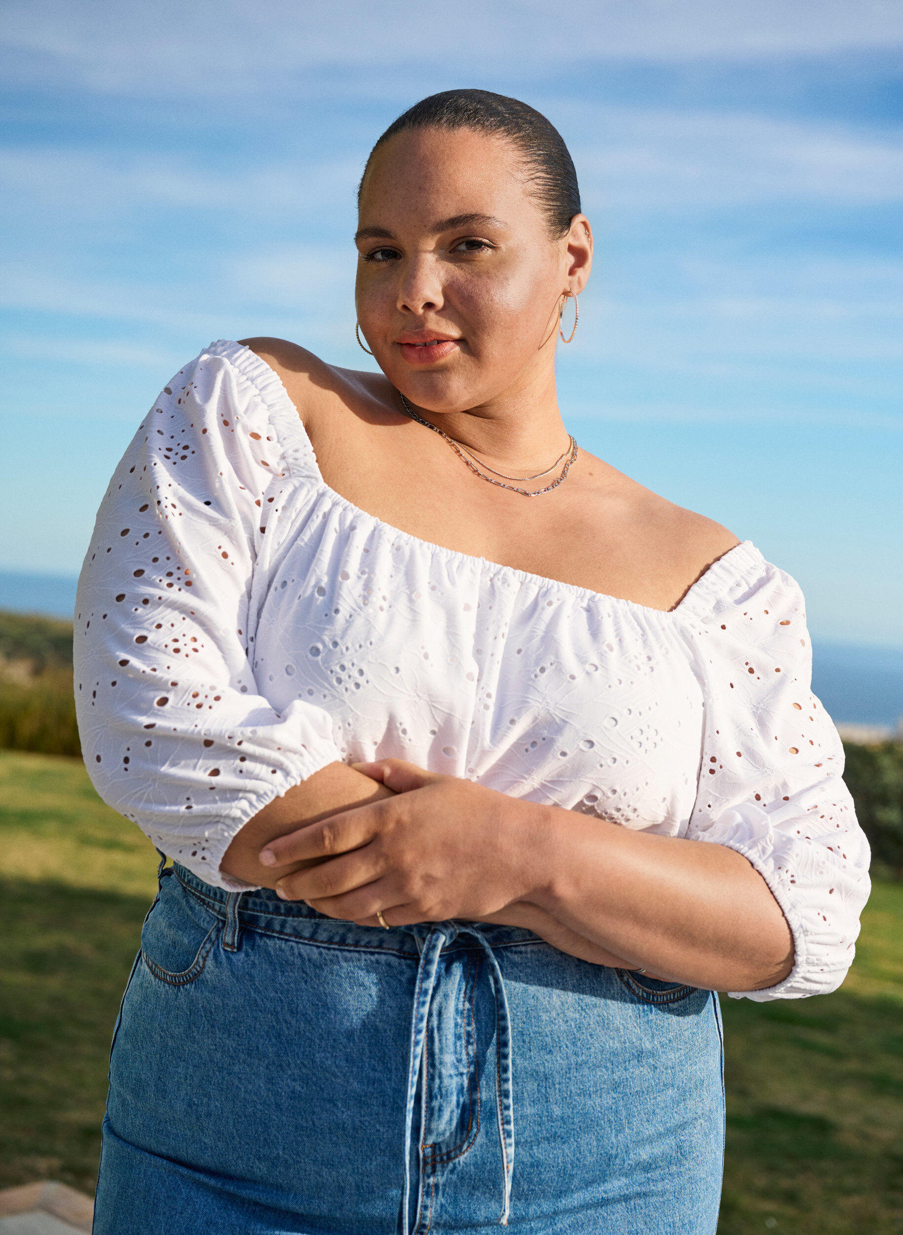 ZizziBlouse met korte pofmouwen en een opengewerkt patroon, Wit, Image image number 0