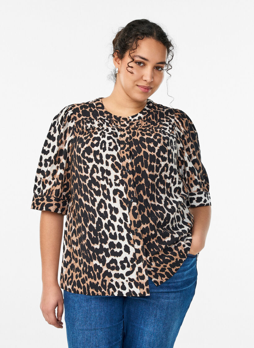 Blouse met patroon en 1/2 mouwen, Bruin, Model image number 0