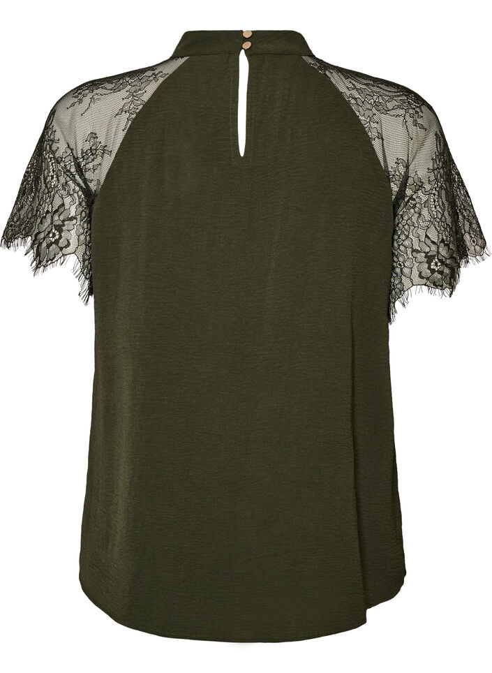 Blouse met korte kanten mouwen en hoge hals, Groen, Packshot image number 1
