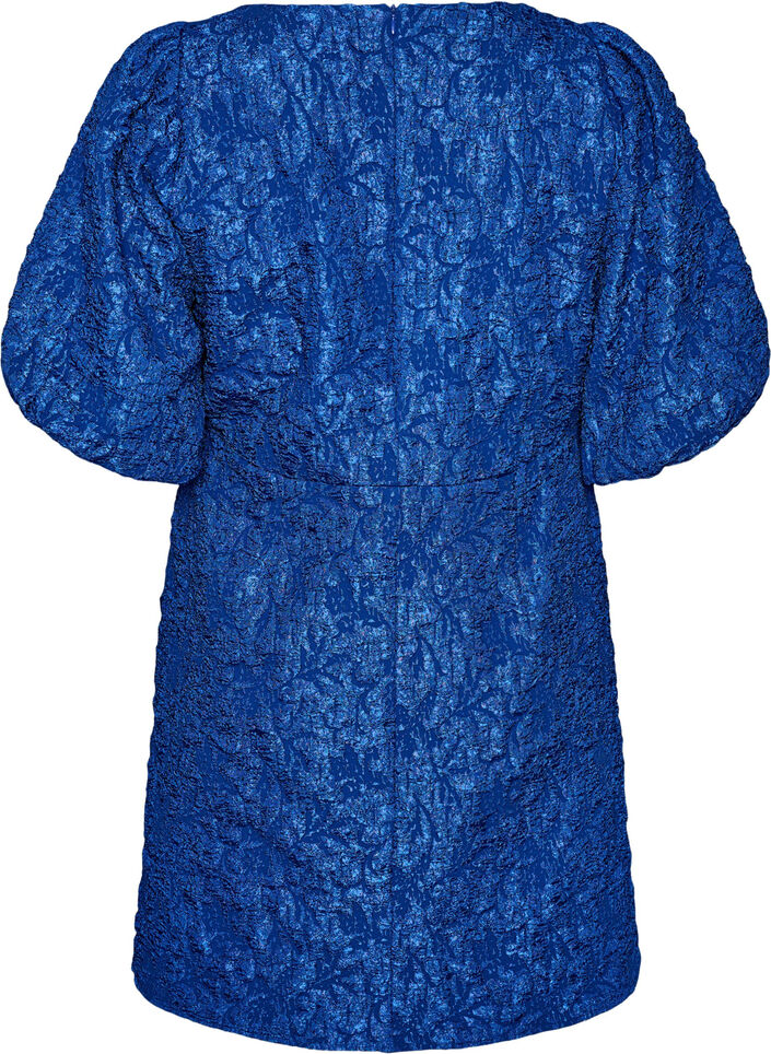 Jacquard jurk met pofmouwen en A-lijn, Blauw, Packshot image number 1