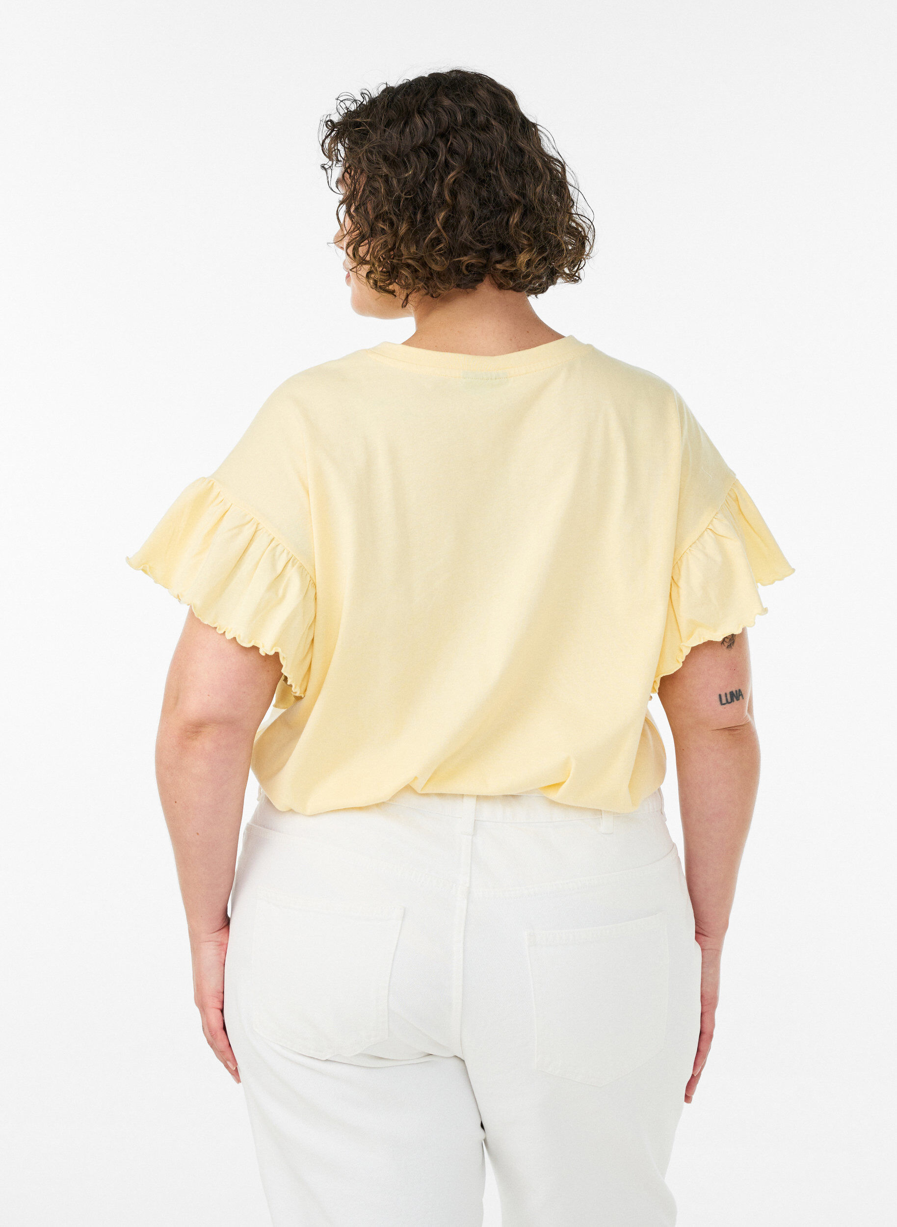 ZizziT-shirt van biologisch katoen met ruches mouwen, Geel, Model image number 2