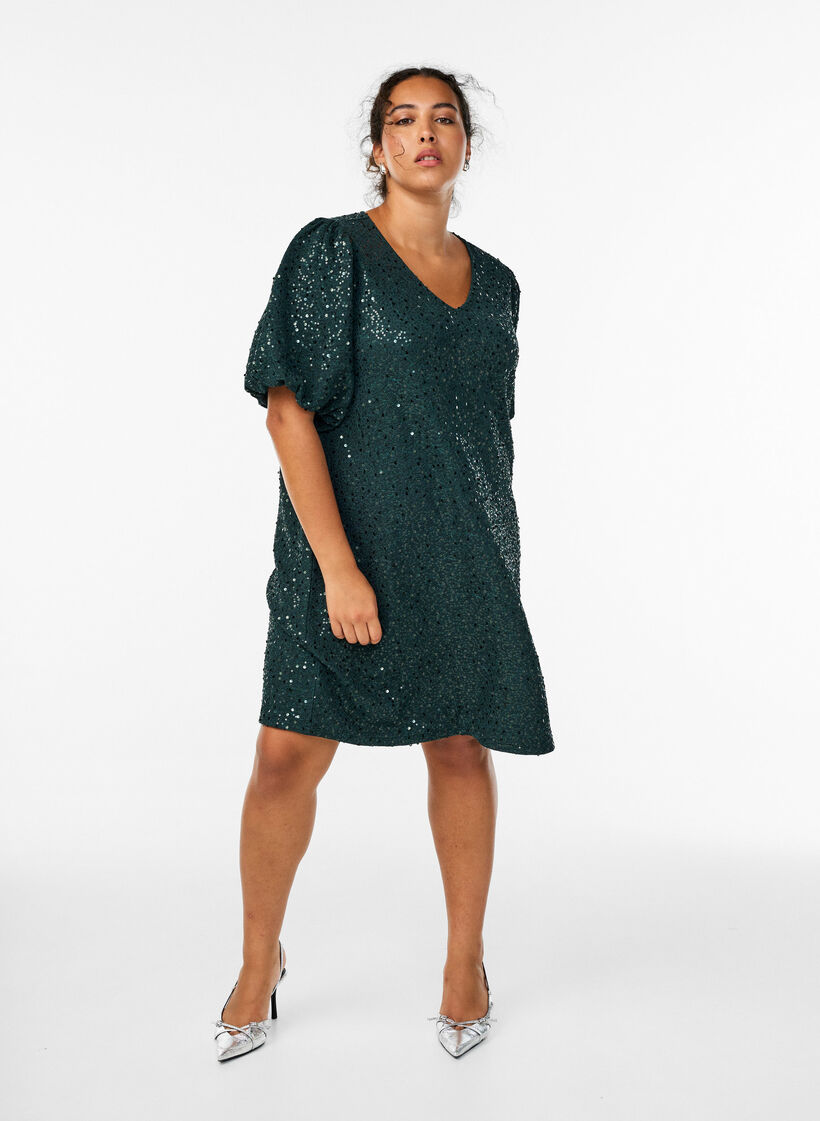 Korte jurk met pailletten en pofmouwen, Groen, Model image number 0