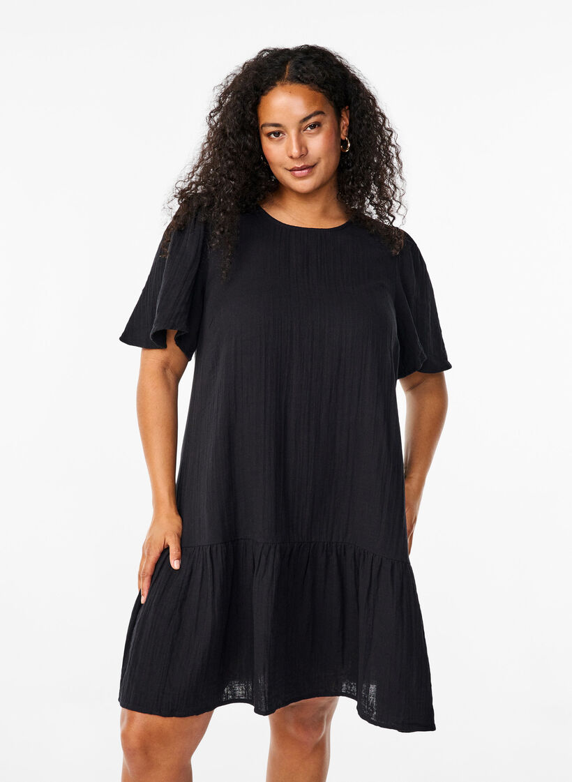 Katoenen jurk met korte mouwen en a-lijn snit, Zwart, Model image number 0