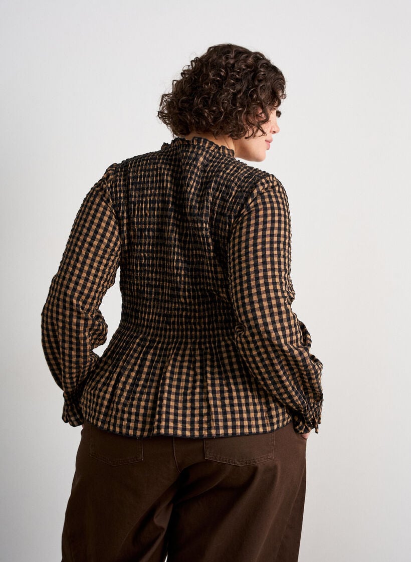 Blouse met ruitpatroon, smockwerk en peplum, Bruin, Model image number 2