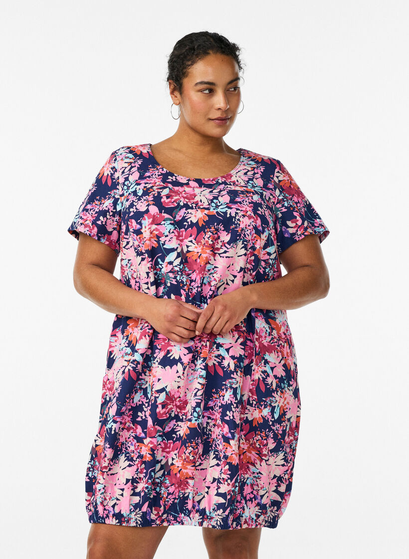 Katoenen jurk met korte mouwen en print, Blauw, Model image number 0