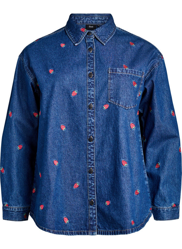 Denim shirt met geborduurde aardbeien, B. D. Strawberries, Packshot