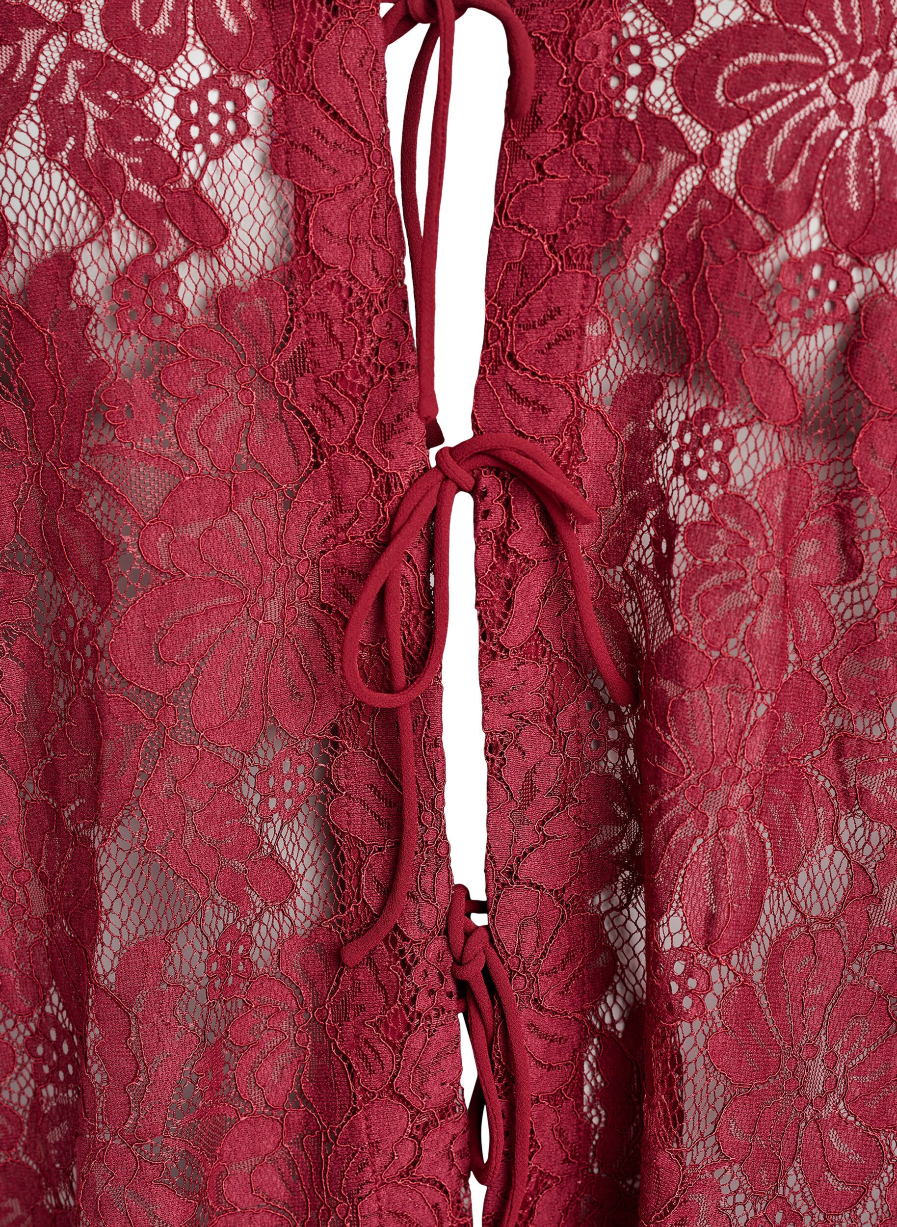 ZizziKanten blouse met open voorkant en strikbandjes, Donker Bordeaux, Packshot image number 2