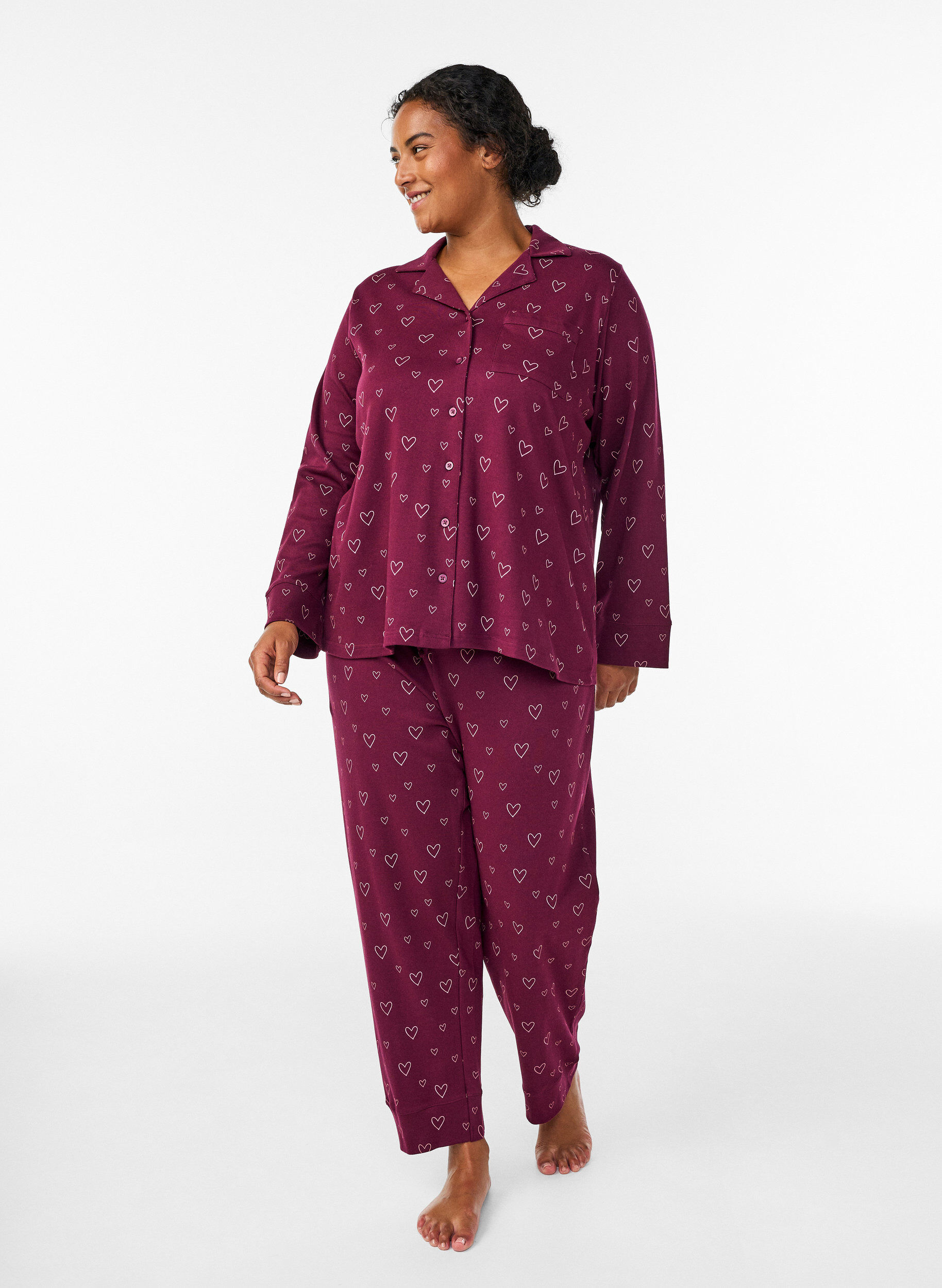 Katoenen pyjamabroek met hoge taille, Donker Bordeaux, Model