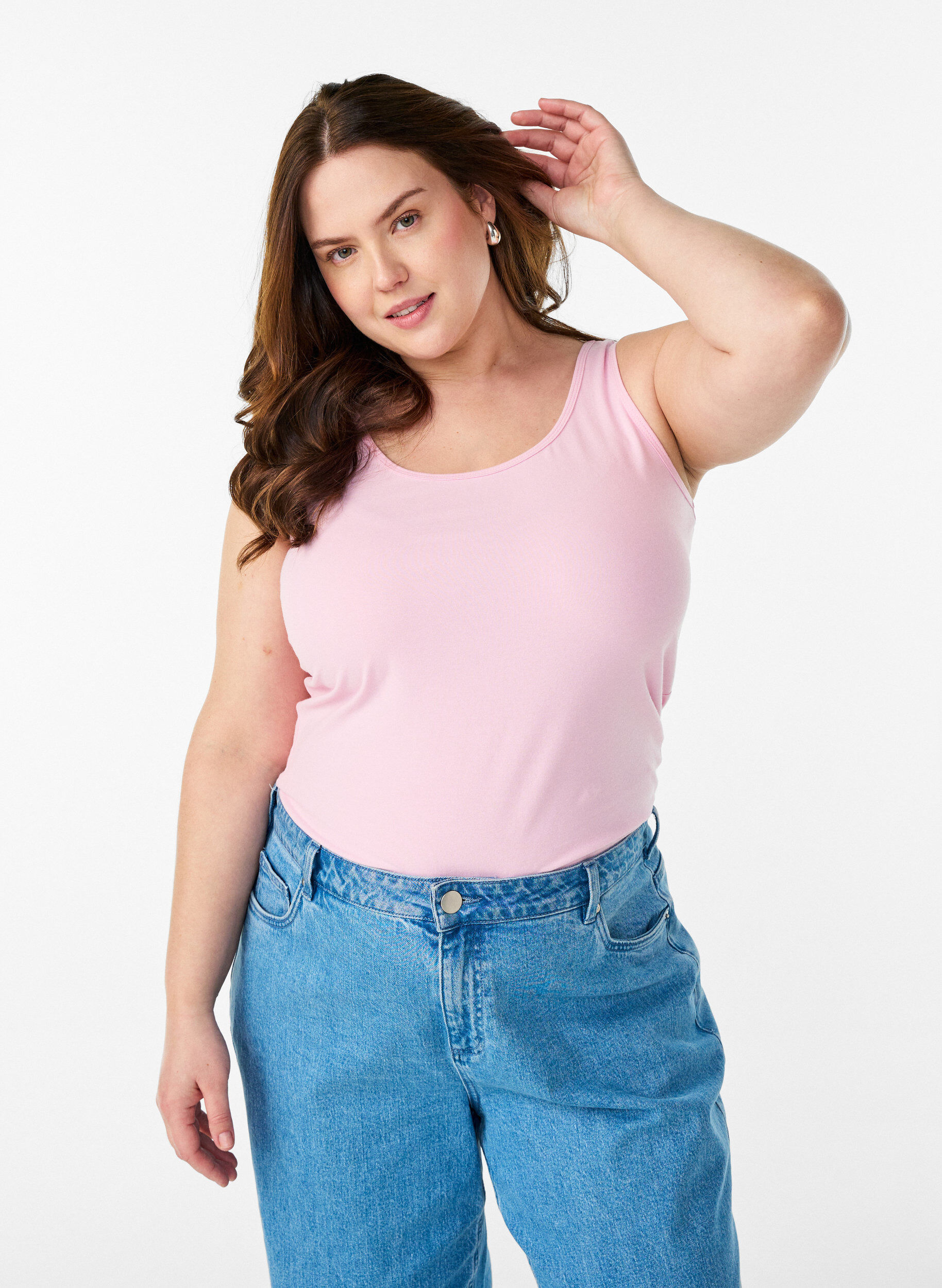 Effen basic top in katoen, Roze, Model
