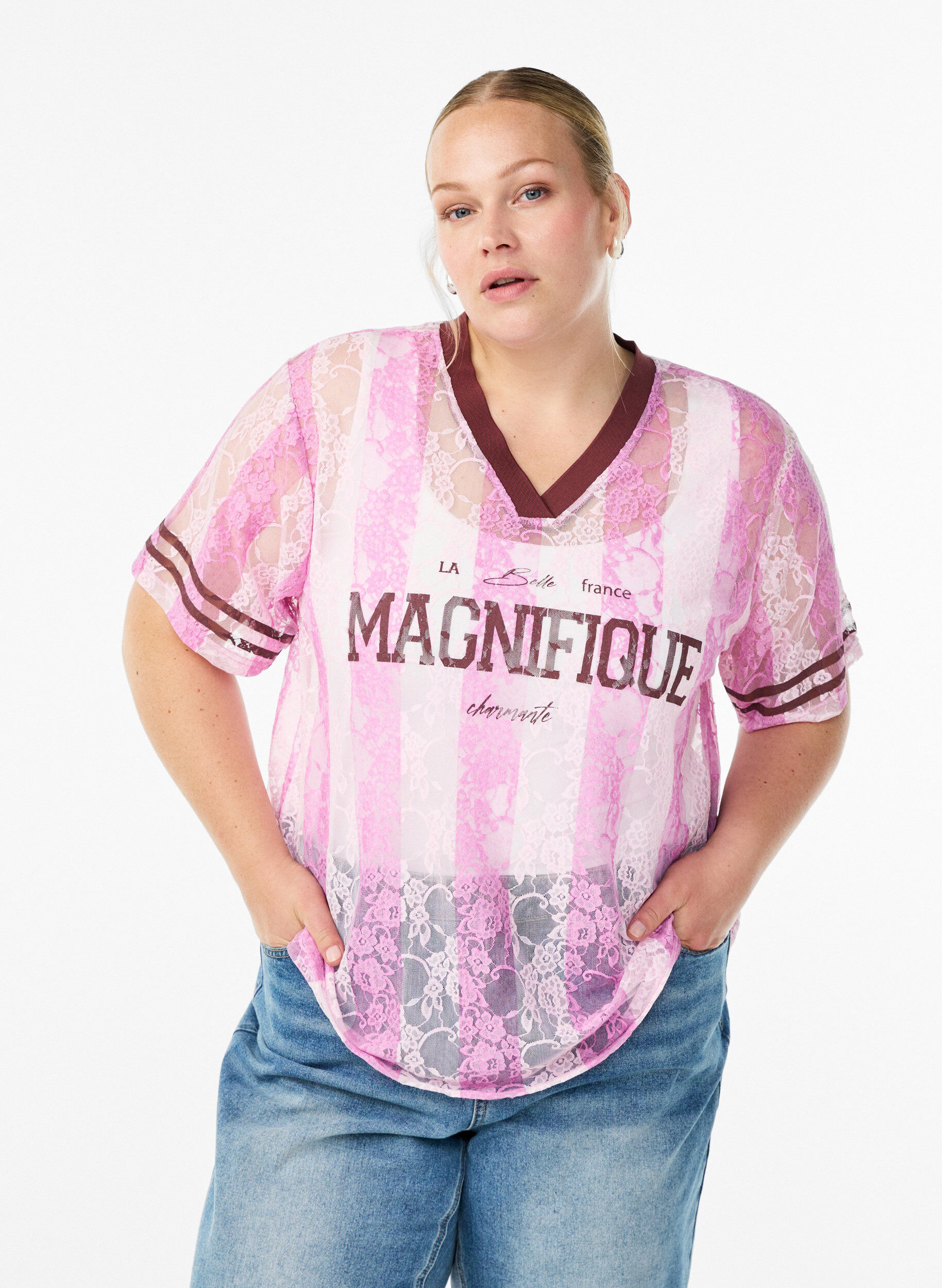 Gestreepte kanten blouse met opvallende print, Roze, Model