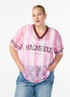 Gestreepte kanten blouse met opvallende print, Roze, Model image number 0