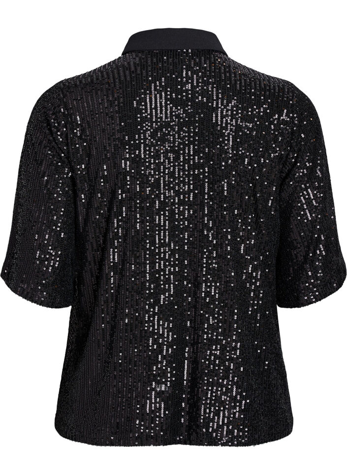 Sequinblouse met polokraag en korte mouwen, Zwart, Packshot image number 1