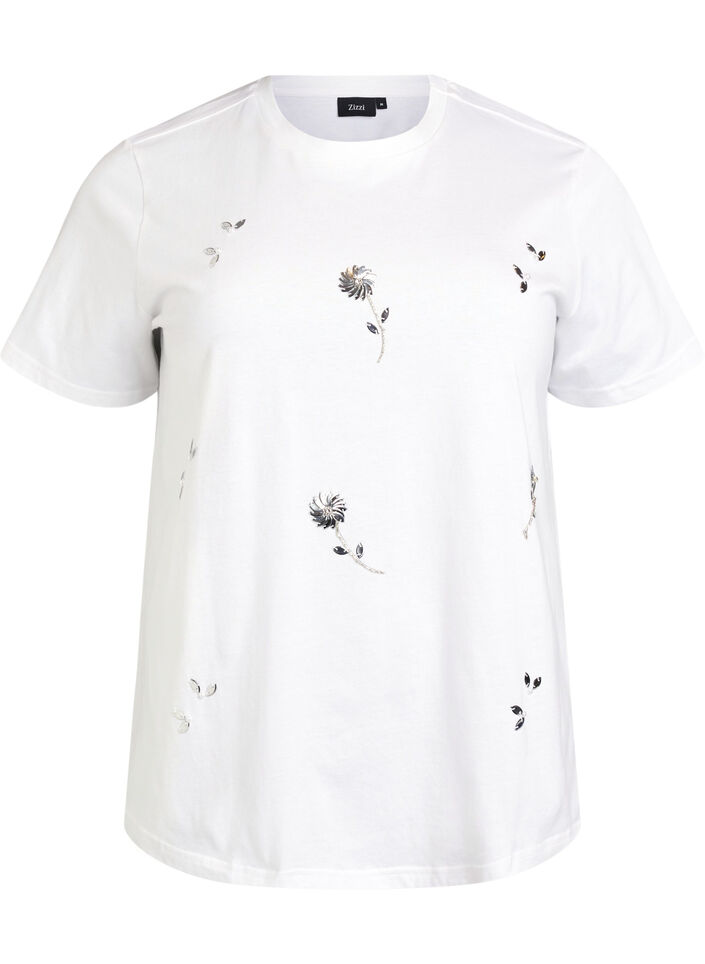 T-shirt met paillettenbloemen, Wit, Packshot image number 0