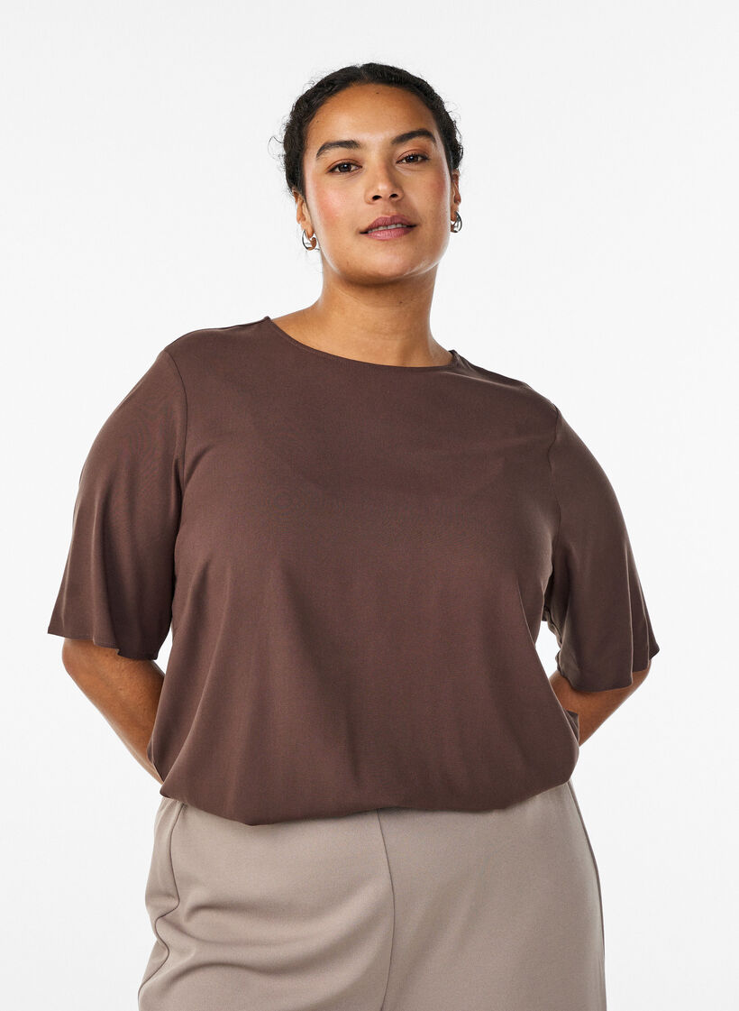 FLASH - Geweven blouse met korte mouwen en ronde hals, Bruin, Model image number 0