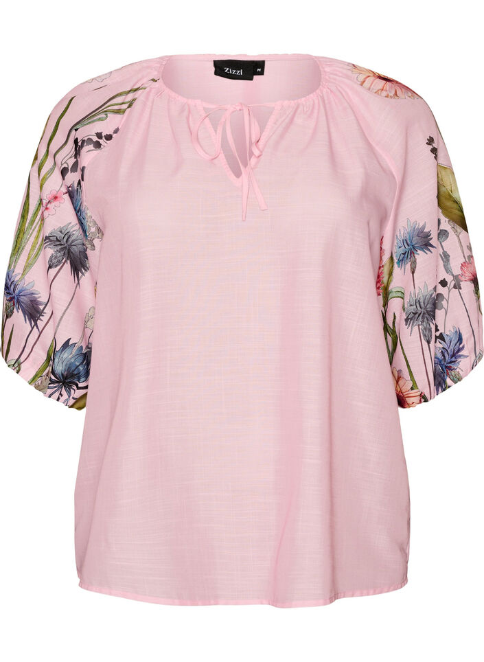 Blouse met bloemenprint mouwen en strikdetail, Roze, Packshot