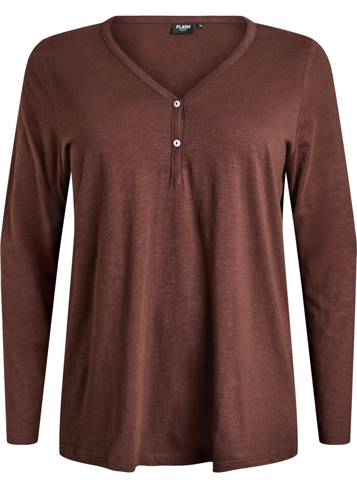 T-shirt met lange mouwen, V-hals en knopen, Bruin, Packshot image number 0