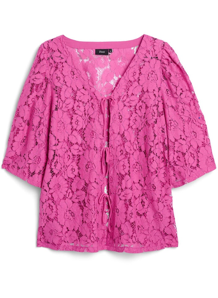 Kanten blouse met 3/4 mouwen en strikjes aan de voorkant, Purple Orchid, Packshot