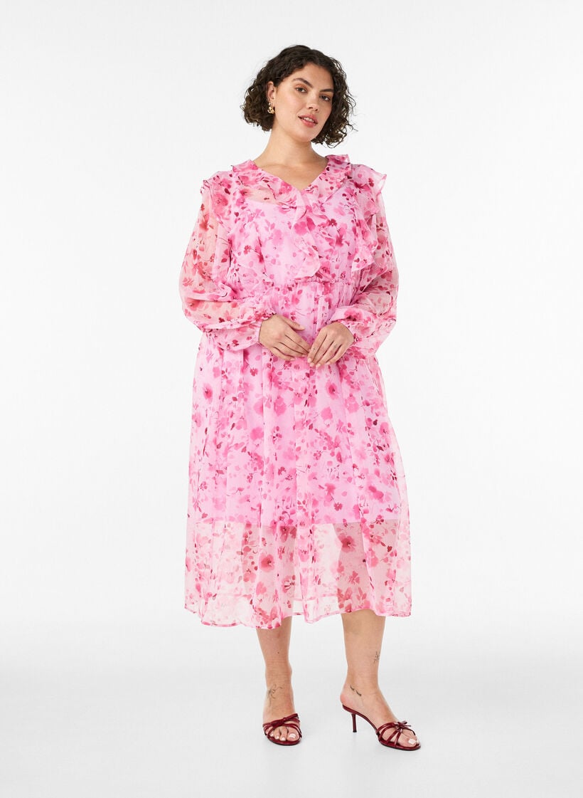 Chiffonjurk met bloemenprint, ruches en lange mouwen, Roze, Model image number 0