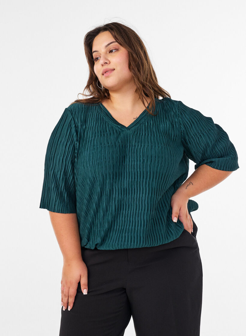 Blouse met golvende textuur en ballonvorm, Groen, Model image number 0