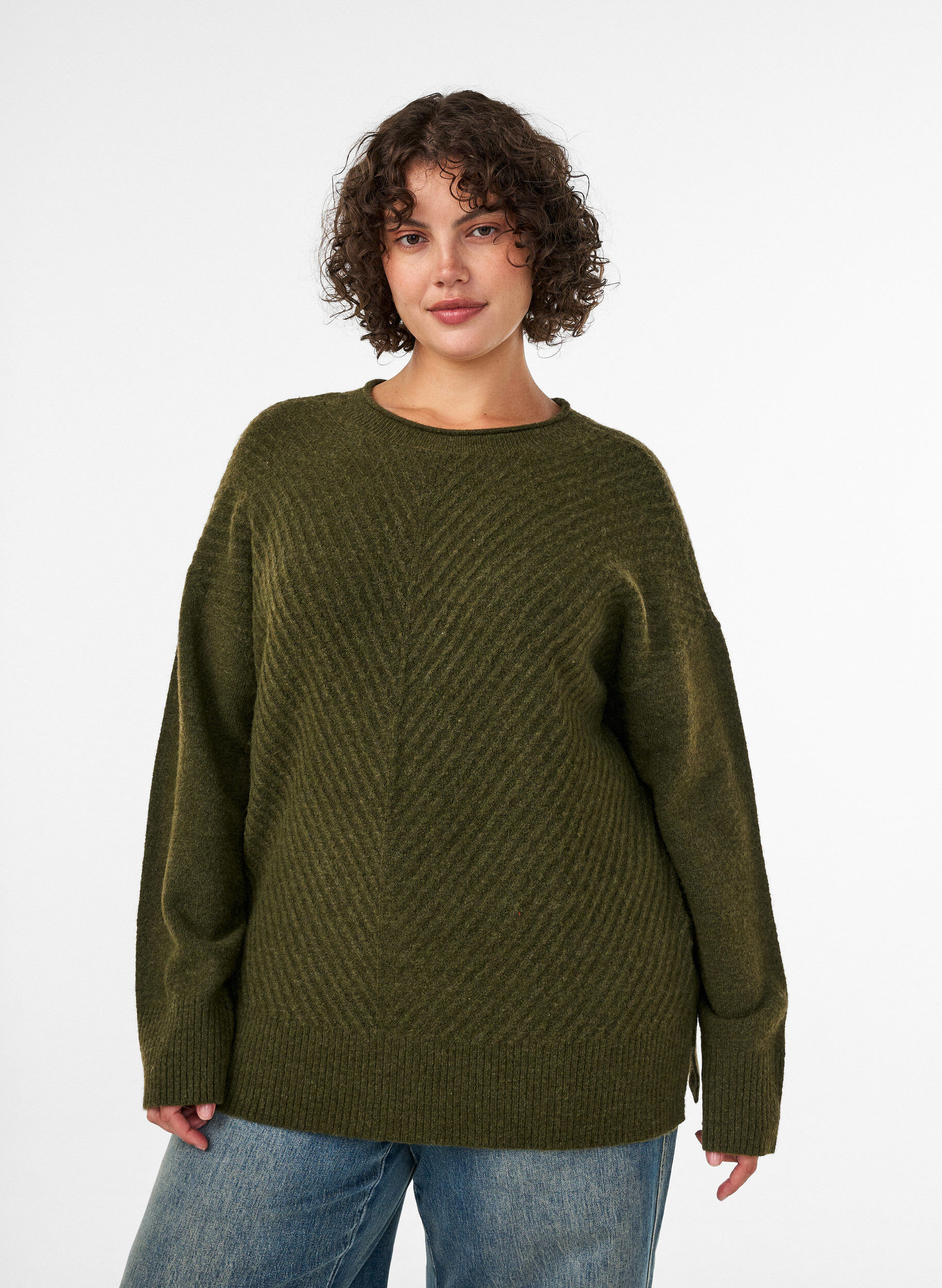 Gebreide blouse met V-vormig geribd patroon en zijsplitjes, Groen, Model