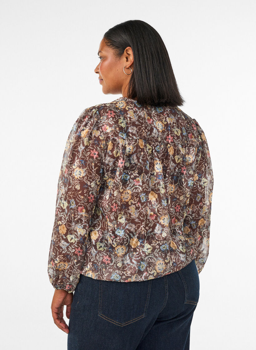 Blouse met bloemenprint en ballonnenmouwen, Bruin, Model image number 2
