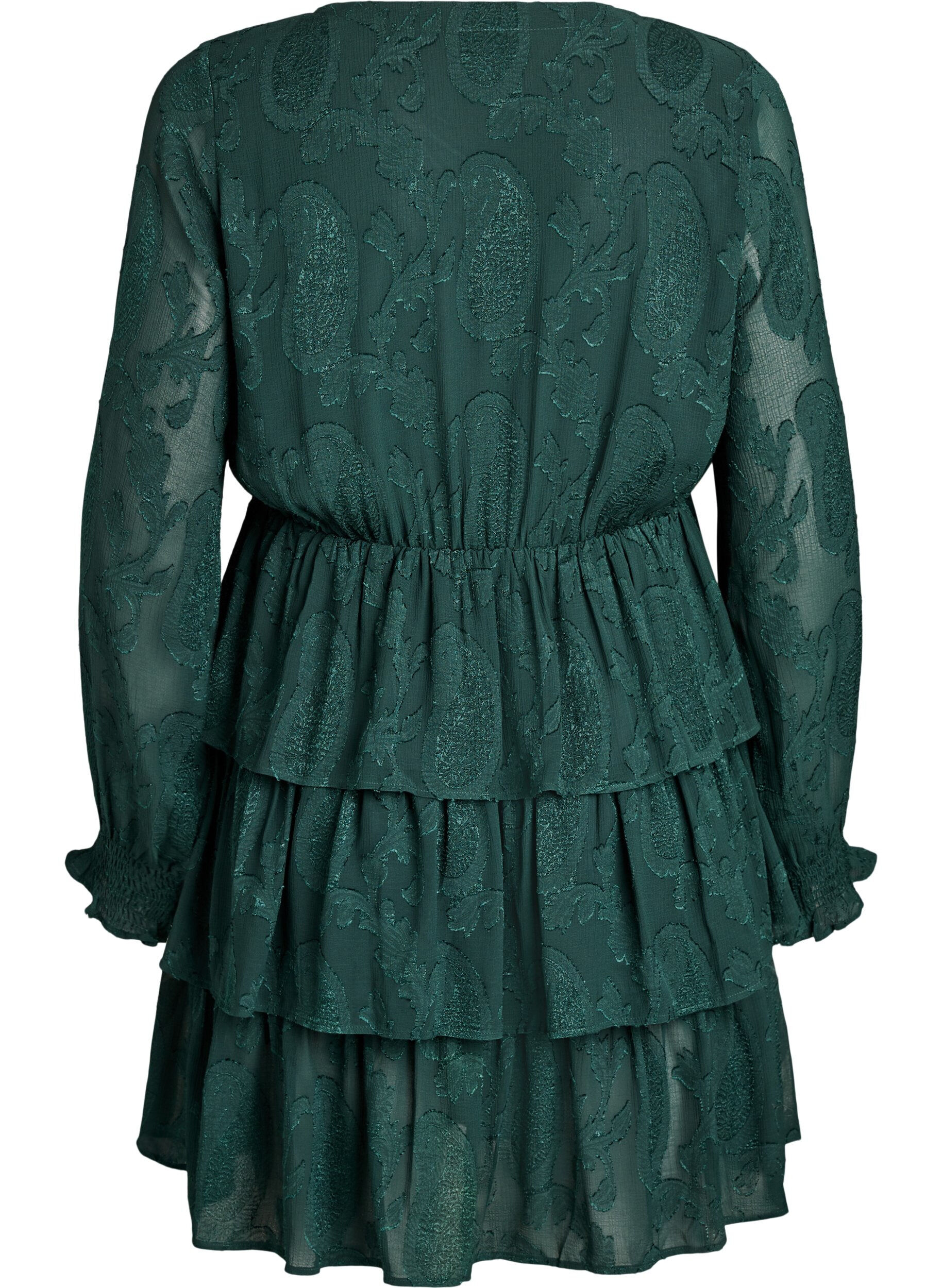 ZizziKorte jurk met ruches en een textuurpatroon, Groen, Packshot image number 1