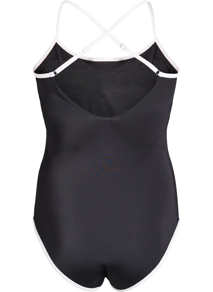 Maillot de bain de sport avec ganse contrastante et bretelles crois&eacute;es, Noir, Packshot image number 1