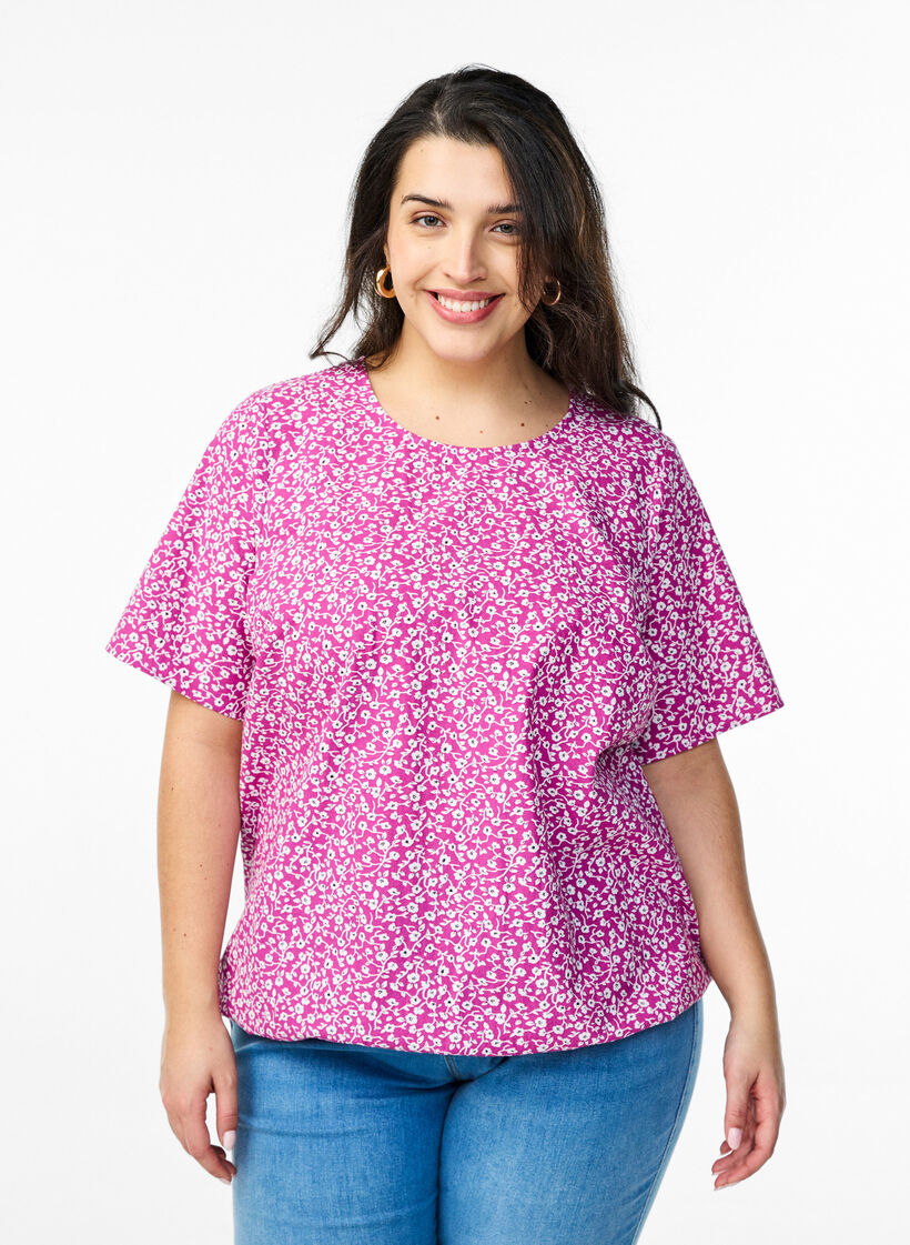 Katoenen blouse met print en korte mouwen, Paars, Model image number 0