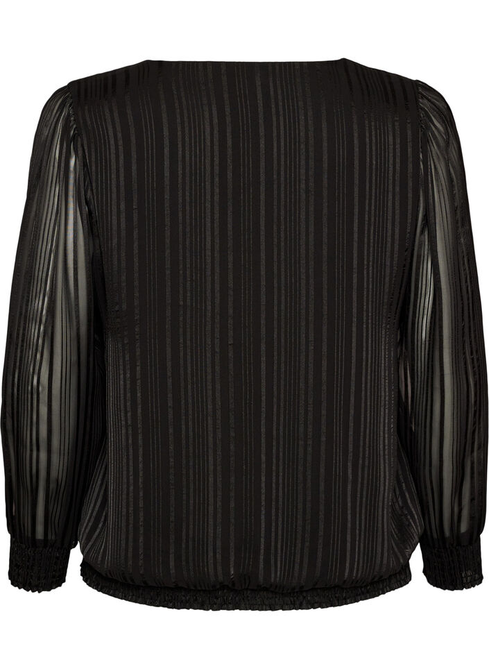 Gestreepte blouse met ballonvorm, Zwart, Packshot image number 1