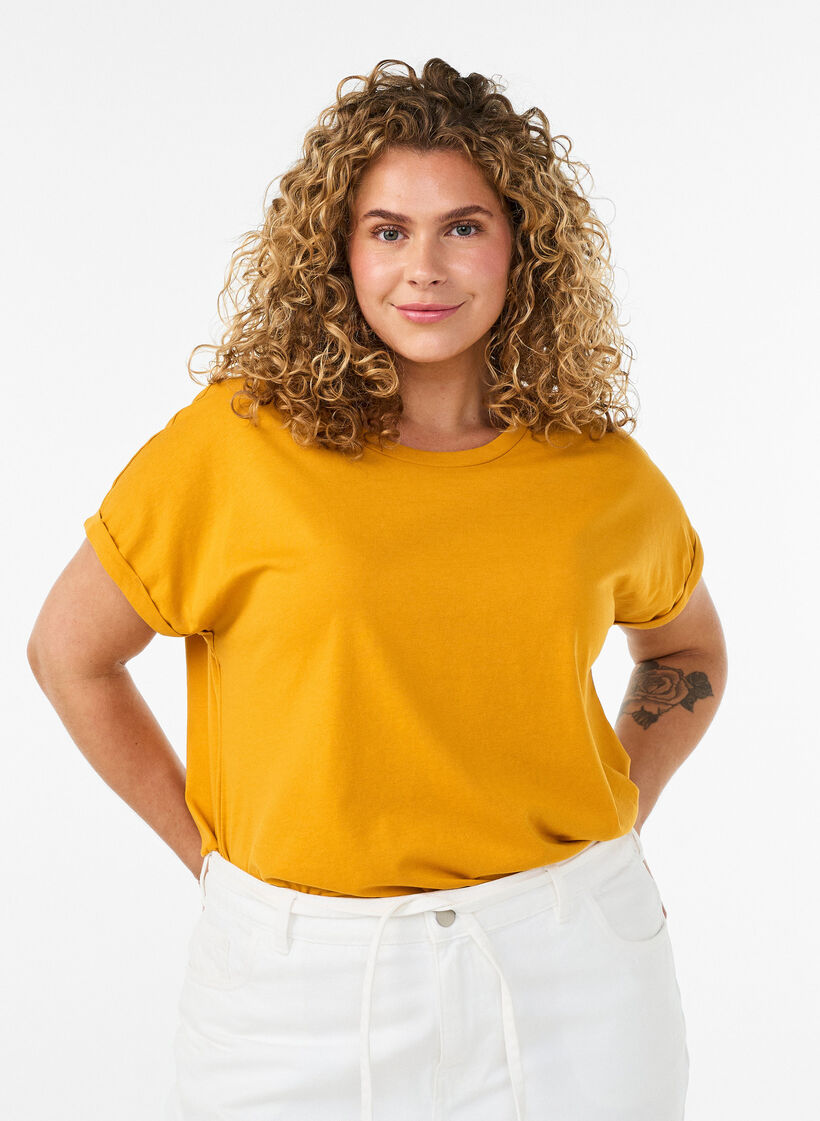 T-shirt met korte mouwen van katoenmix, Geel, Model image number 0