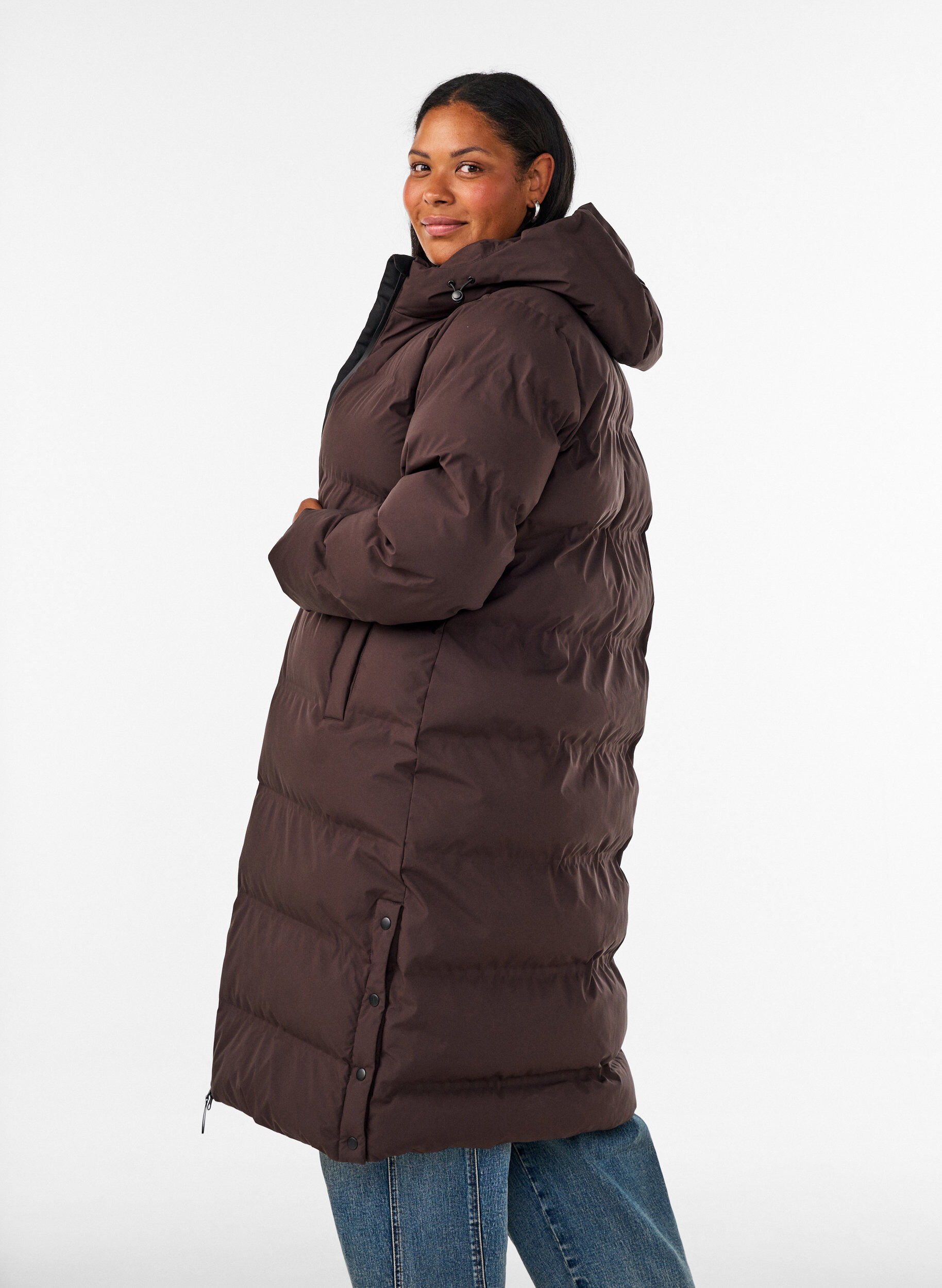 ZizziLange puffer winterjas met capuchon, Bruin, Model image number 2