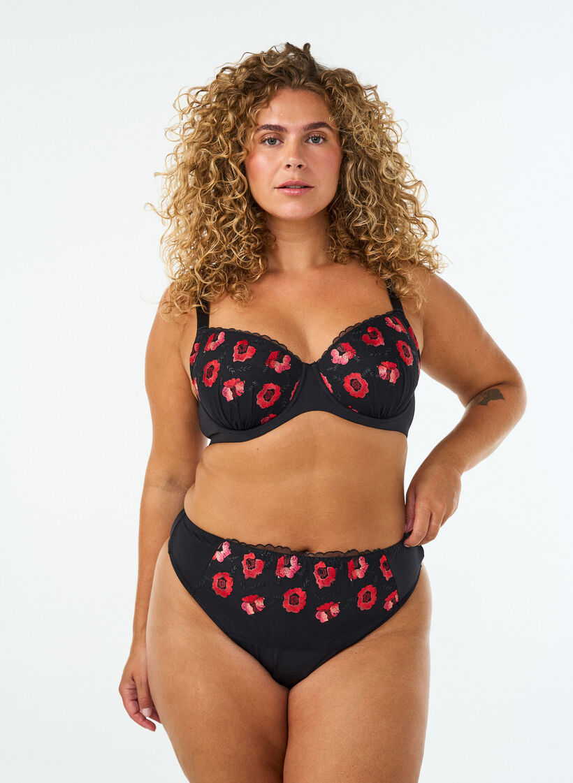 Voorgevormde beugel-bh met bloemenborduursel, Zwart, Model image number 1