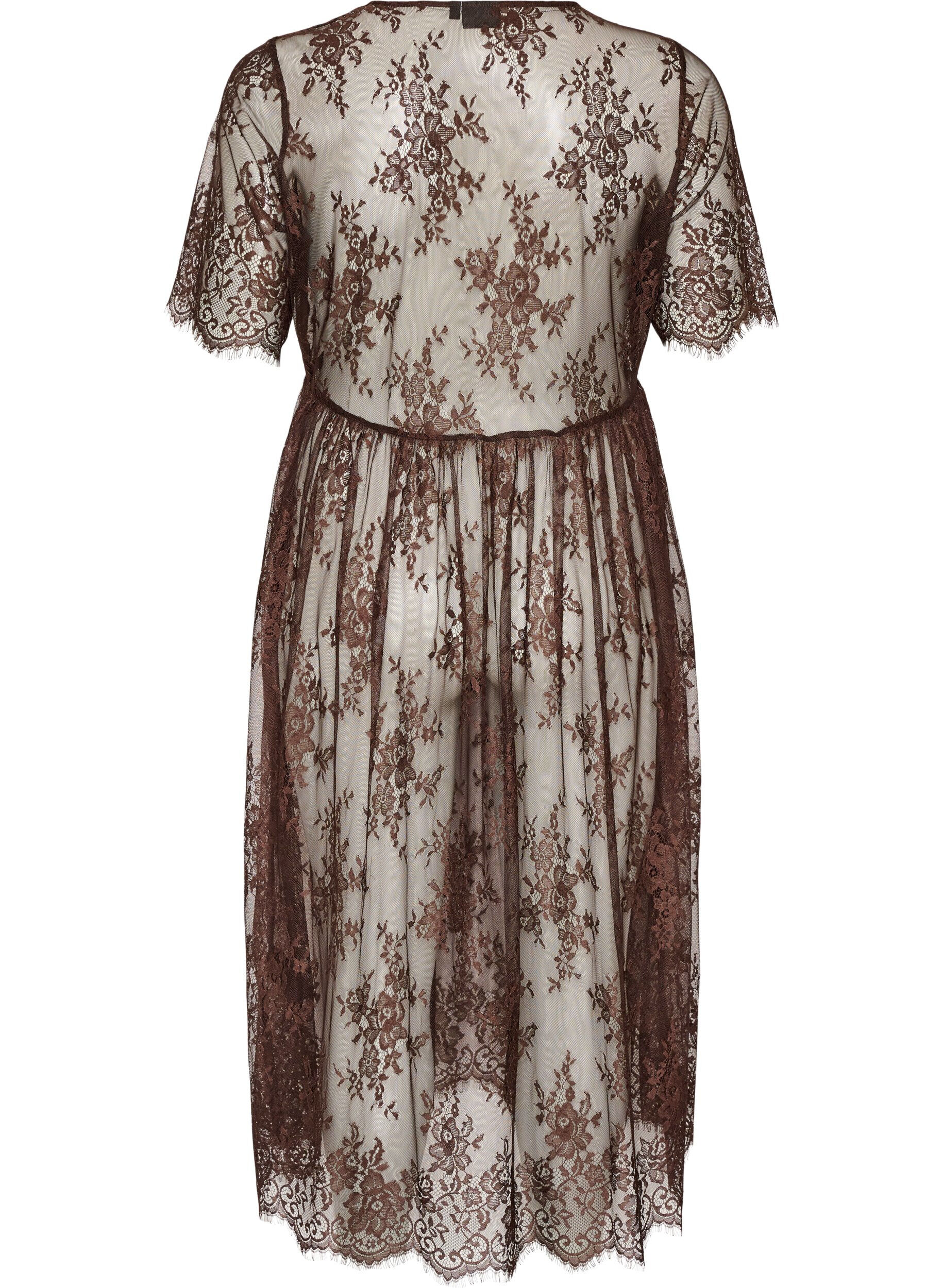 ZizziKanten midi jurk met korte mouwen van doorschijnende kant, Bruin, Packshot image number 1