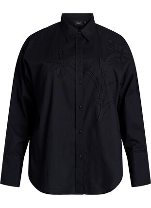 ZizziKatoenen shirt met ton-sur-ton bloemenborduursel, Black, Packshot image number 0