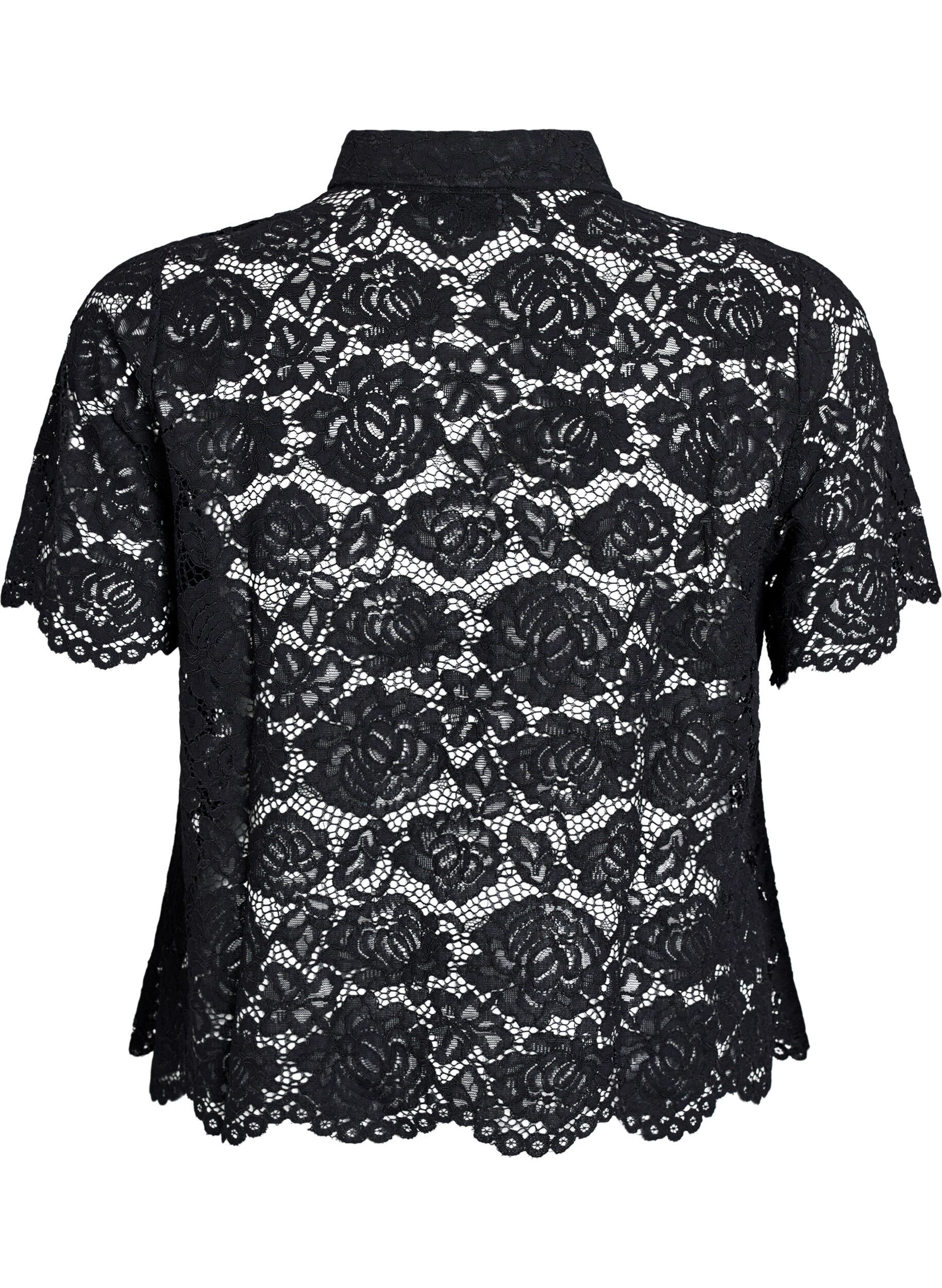 ZizziKanten shirt blouse met parelknopen, Zwart, Packshot image number 1