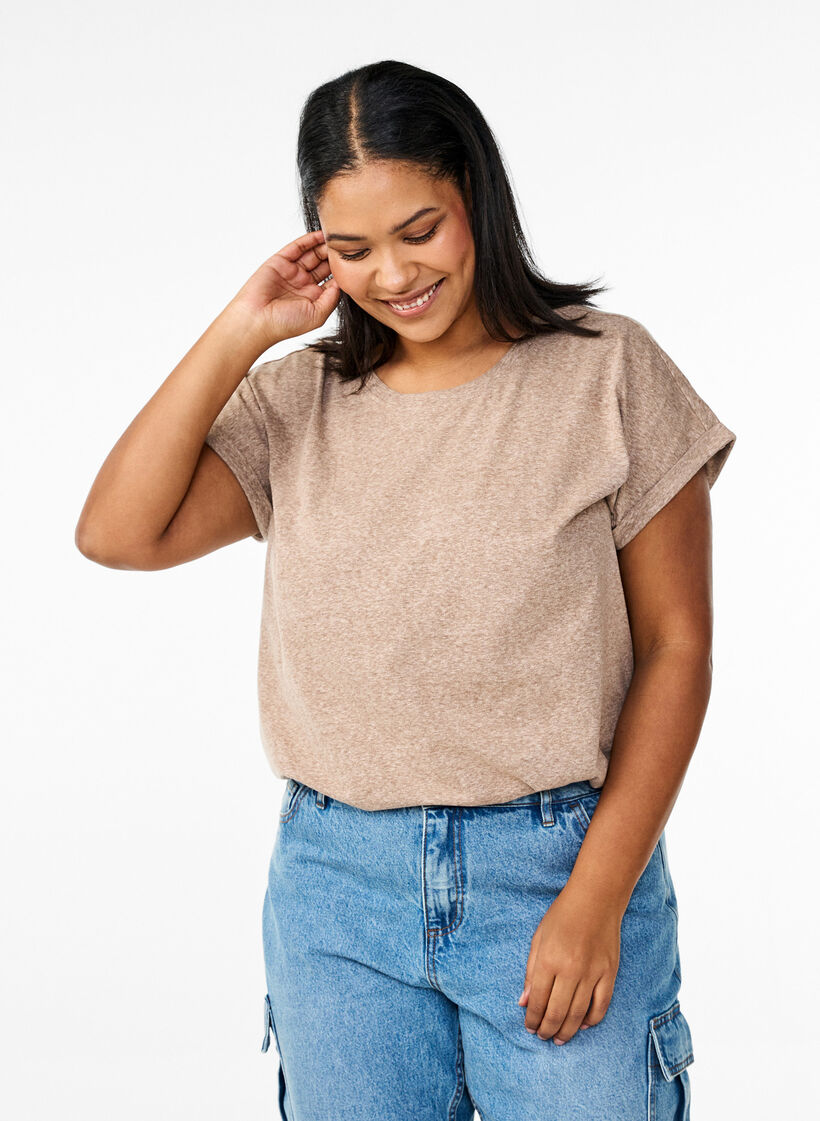 Gem&ecirc;leerd T-shirt met korte mouwen, Bruin, Model image number 0