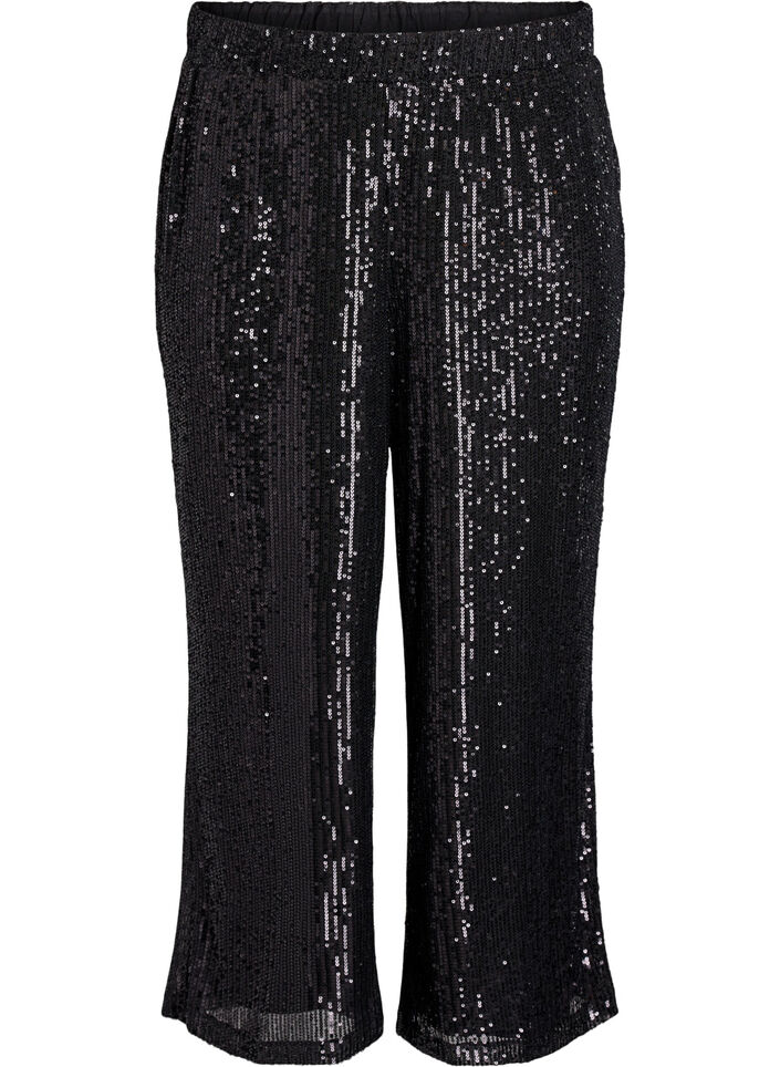 High-waist paillettenbroek met wijde pijpen, Zwart, Packshot image number 0