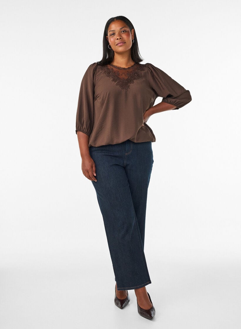 Blouse met 3/4 mouwen en kantdetails, Bruin, Model image number 1