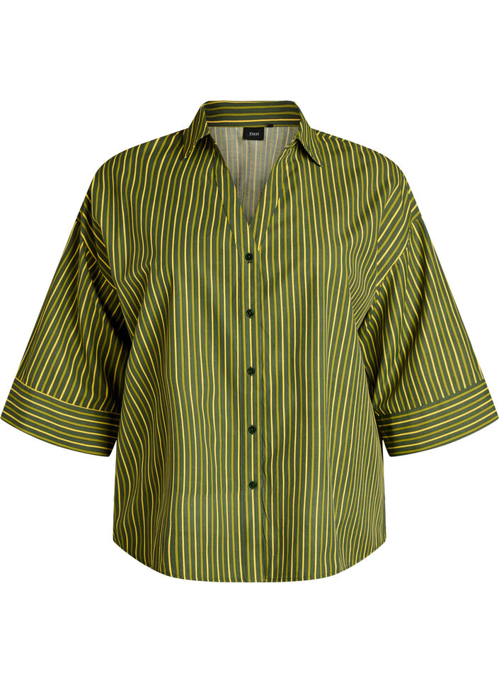 Losse gestreepte shirt met 3/4 mouwen, Groen, Packshot image number 0