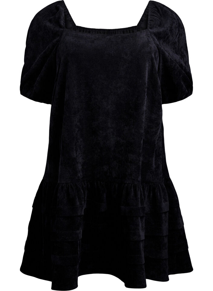 Korte corduroy jurk met vierkante halslijn, Black, Packshot