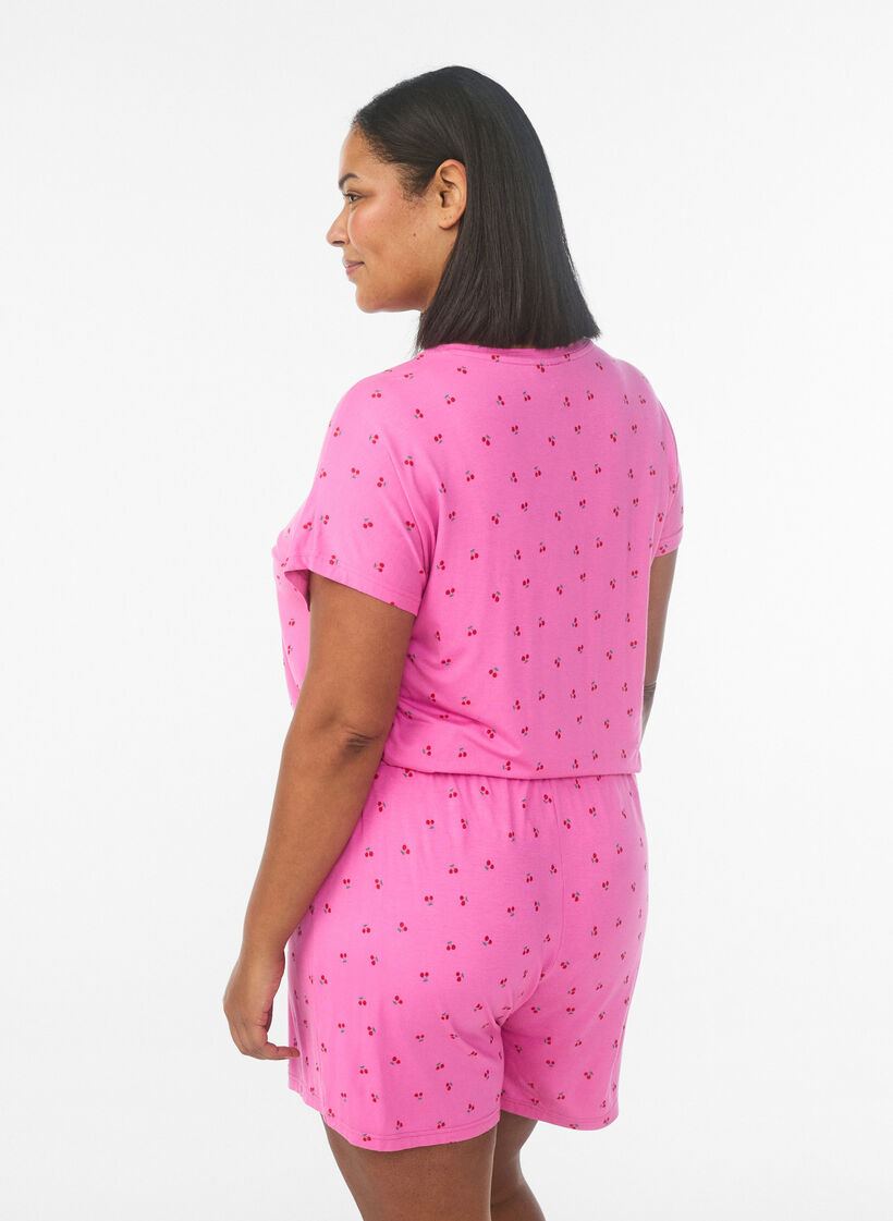 Pyjama T-shirt in viscose met all-over print, Roze, Model image number 2